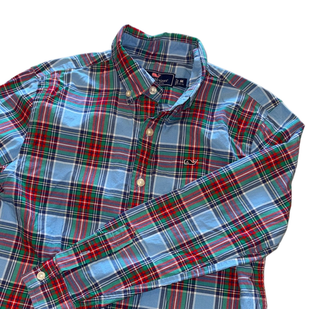 Vineyard Vines Kids Medium Blue Plaid Whale Button Down Shirt